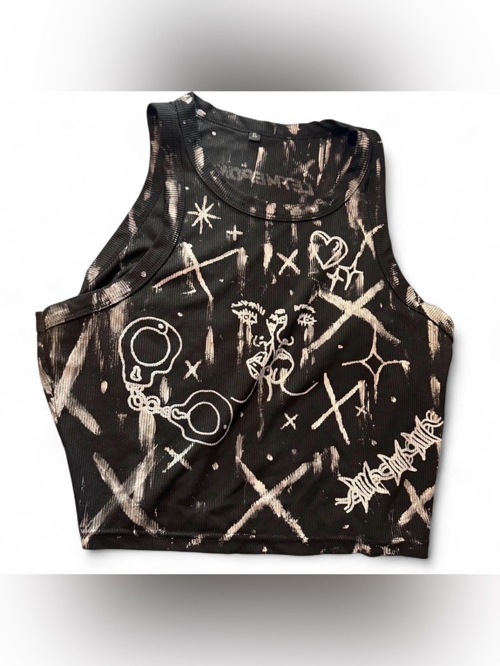 Hand-Painted Black Art Tank Top with White Graphic